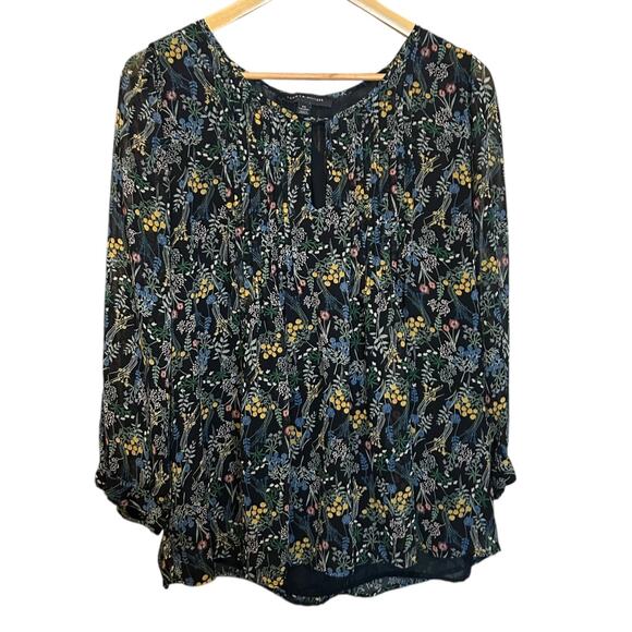 Tommy Hilfiger Women Top 2X Navy Floral‎ Babydoll Cottagecore Romantic Peasant - Picture 1 of 11